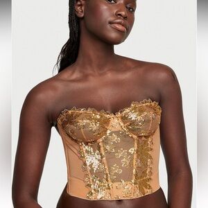 NWT Victoria’s Secret Very Sexy Gold Sequin Embroidery Unlined Corset Top 32C